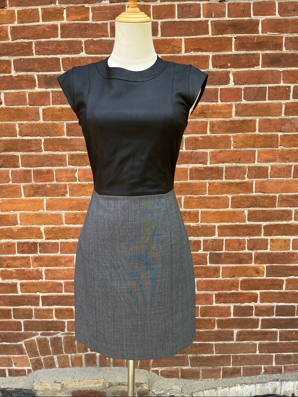 Theory Two-Tone Black Goat Leather Top with Gray Pencil Skirt